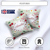 Custom Name Cherry and Daisy Flowers with Pink Ribbon Bows Green Square Filled Cushion Throw Pillow Sofa Bed Home Decor Zip Washable UK Made