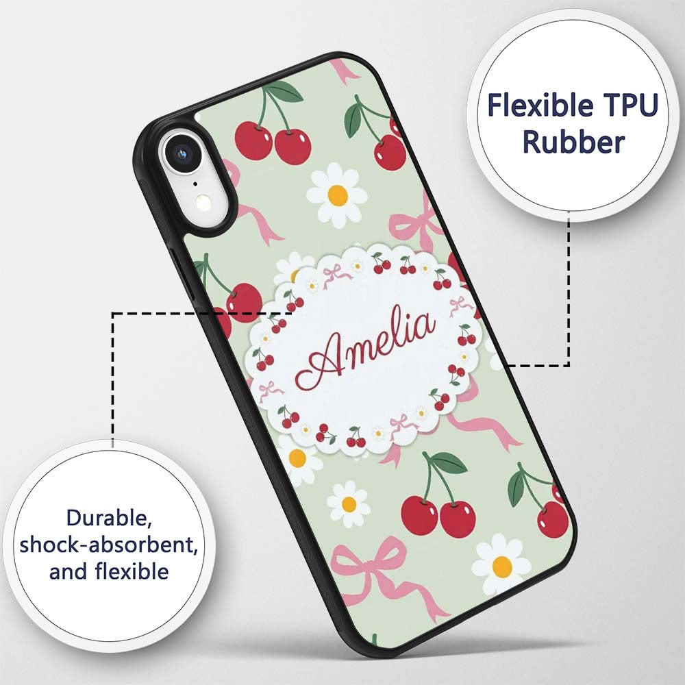 Cute Cherry and Daisy Flowers with Pink Ribbon Custom Name Protective Phone Case Mobile Cover Durable Everyday Smartphone Shock Resistant