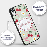 Cute Cherry and Daisy Flowers with Pink Ribbon Custom Name Protective Phone Case Mobile Cover Durable Everyday Smartphone Shock Resistant
