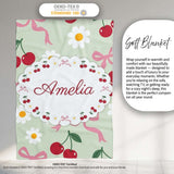 Cute Cherry and Daisy Flowers with Pink Ribbon Bows Sage Green  Personalised Custom Name Super Soft Fleece Blanket Bed Sofa Throw