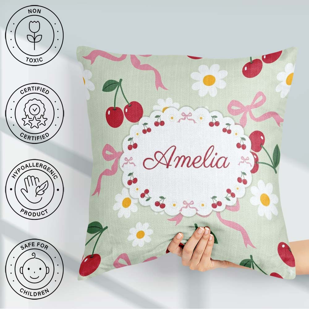 Custom Name Cherry and Daisy Flowers with Pink Ribbon Bows Green Square Filled Cushion Throw Pillow Sofa Bed Home Decor Zip Washable UK Made