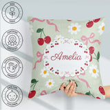 Custom Name Cherry and Daisy Flowers with Pink Ribbon Bows Green Square Filled Cushion Throw Pillow Sofa Bed Home Decor Zip Washable UK Made