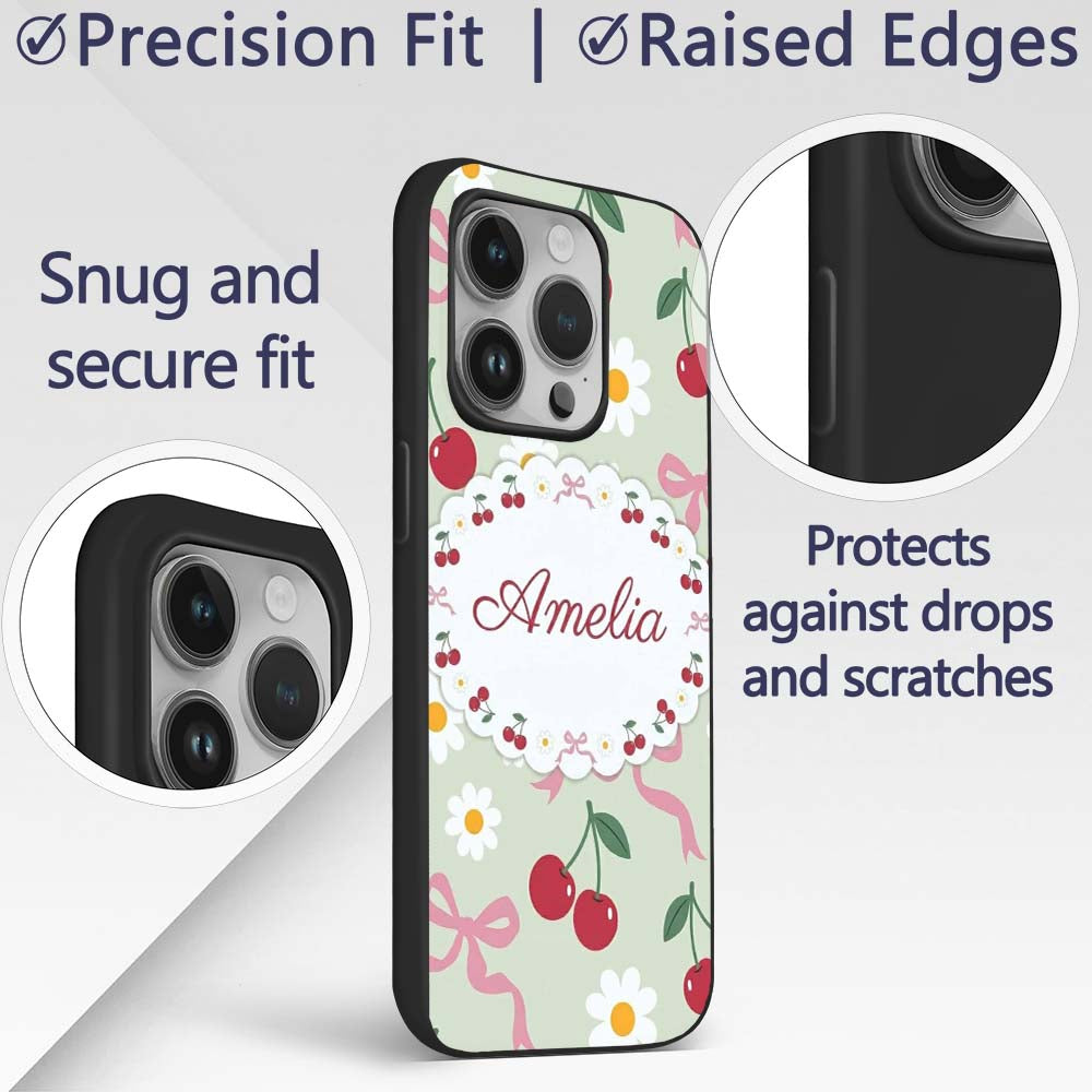 Cute Cherry and Daisy Flowers with Pink Ribbon Custom Name Protective Phone Case Mobile Cover Durable Everyday Smartphone Shock Resistant
