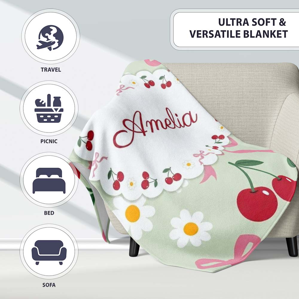 Cute Cherry and Daisy Flowers with Pink Ribbon Bows Sage Green  Personalised Custom Name Super Soft Fleece Blanket Bed Sofa Throw