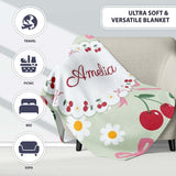 Cute Cherry and Daisy Flowers with Pink Ribbon Bows Sage Green  Personalised Custom Name Super Soft Fleece Blanket Bed Sofa Throw