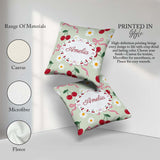 Custom Name Cherry and Daisy Flowers with Pink Ribbon Bows Green Square Filled Cushion Throw Pillow Sofa Bed Home Decor Zip Washable UK Made