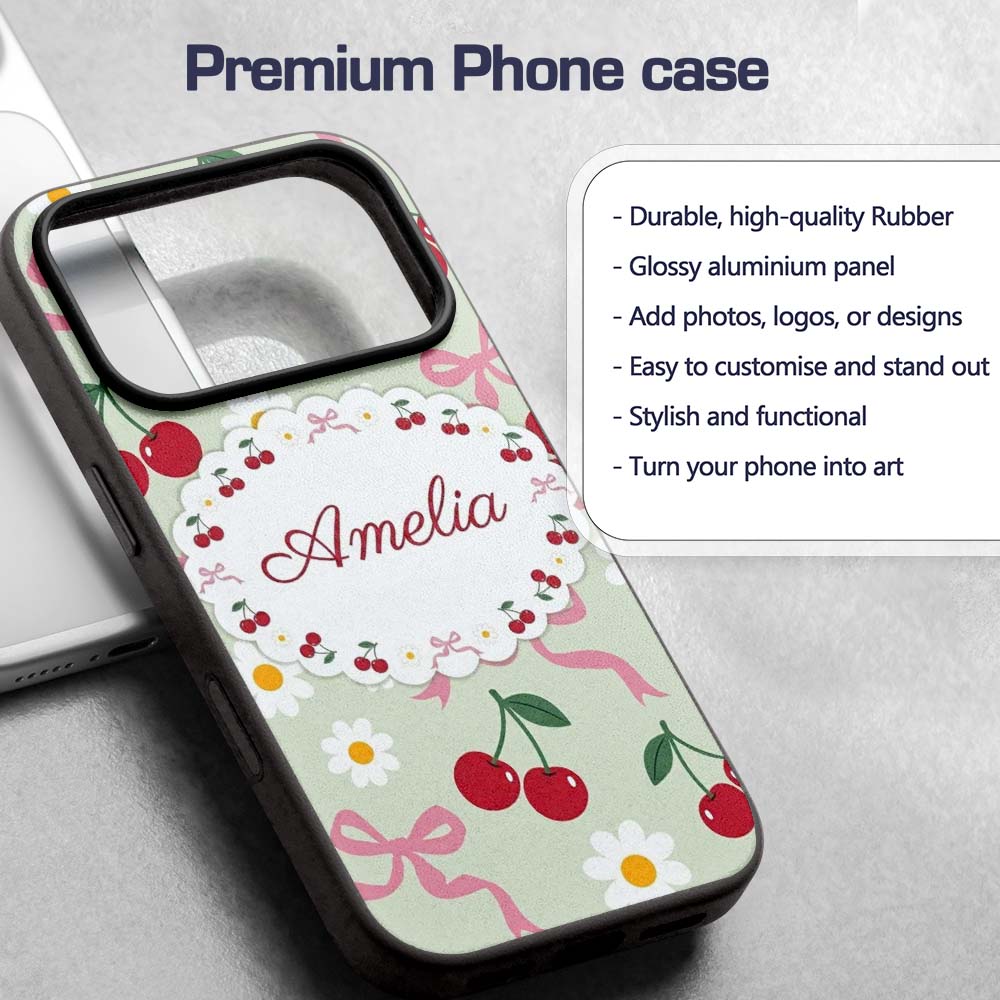 Cute Cherry and Daisy Flowers with Pink Ribbon Custom Name Protective Phone Case Mobile Cover Durable Everyday Smartphone Shock Resistant