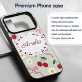 Cute Cherry and Daisy Flowers with Pink Ribbon Custom Name Protective Phone Case Mobile Cover Durable Everyday Smartphone Shock Resistant