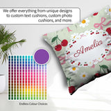 Custom Name Cherry and Daisy Flowers with Pink Ribbon Bows Green Square Filled Cushion Throw Pillow Sofa Bed Home Decor Zip Washable UK Made