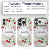 Cute Cherry and Daisy Flowers with Pink Ribbon Custom Name Protective Phone Case Mobile Cover Durable Everyday Smartphone Shock Resistant