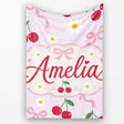 Cute Cherry and Daisy Flowers with Pink Ribbon Bows Soft Lilac  Personalised Custom Name Super Soft Fleece Blanket Bed Sofa Throw