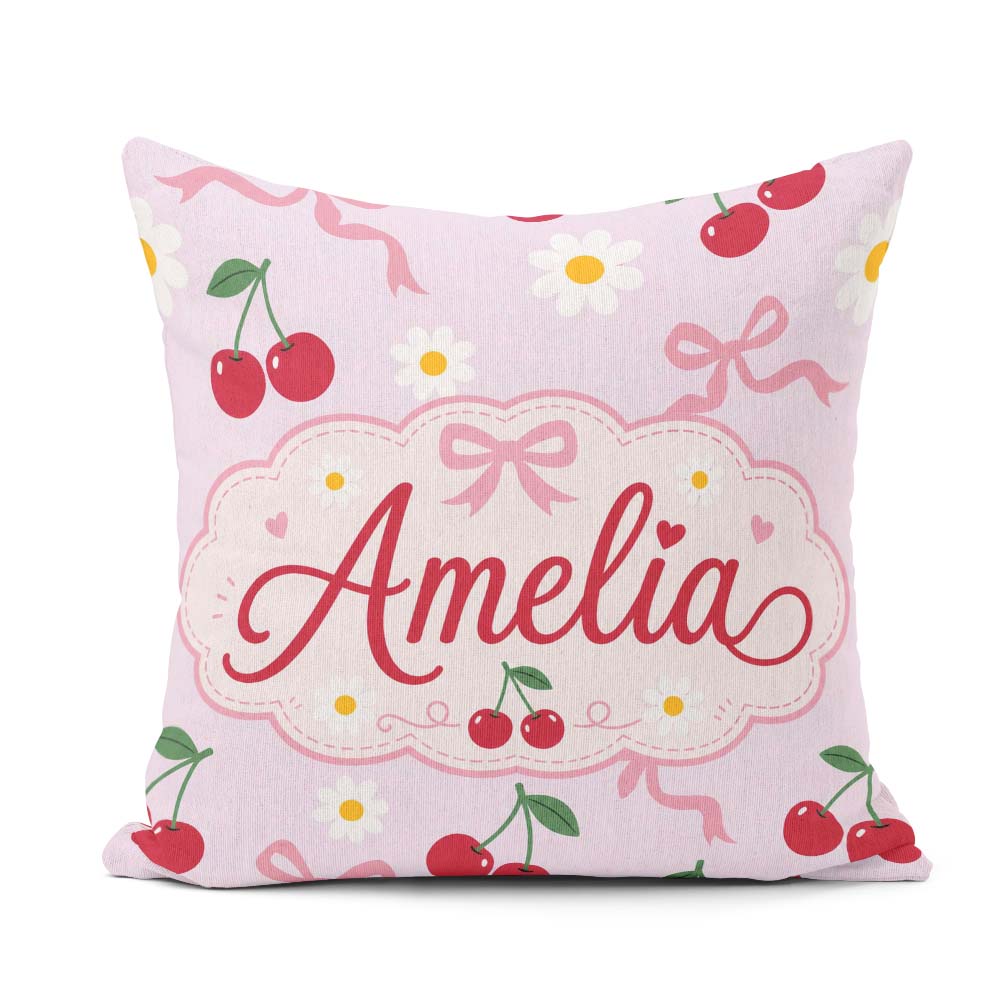 Custom Name Cherry and Daisy Flowers with Pink Ribbon Bows Lilac Square Filled Cushion Throw Pillow Sofa Bed Home Decor Zip Washable UK Made