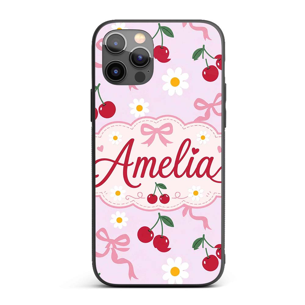Cute Cherry and Daisy Flowers with Pink Ribbon Custom Name Protective Phone Case Mobile Cover Durable Everyday Smartphone Shock Resistant