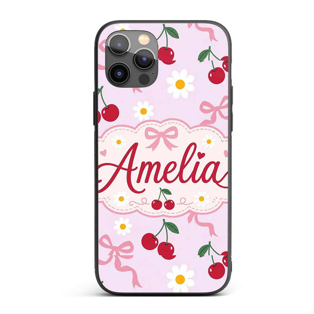 Cute Cherry and Daisy Flowers with Pink Ribbon Custom Name Protective Phone Case Mobile Cover Durable Everyday Smartphone Shock Resistant