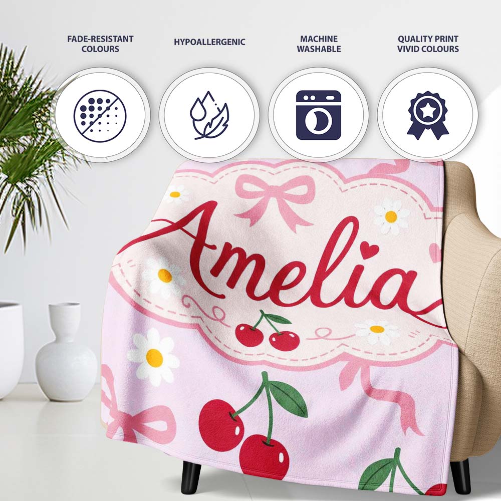 Cute Cherry and Daisy Flowers with Pink Ribbon Bows Soft Lilac  Personalised Custom Name Super Soft Fleece Blanket Bed Sofa Throw