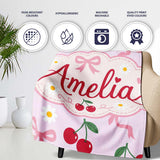 Cute Cherry and Daisy Flowers with Pink Ribbon Bows Soft Lilac  Personalised Custom Name Super Soft Fleece Blanket Bed Sofa Throw