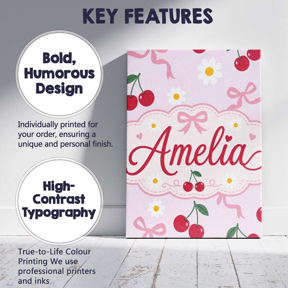 Personalised Name Cute Cherry and Daisy Custom  Modern Room Accent Elegant Feature Canvas Wall Art Print Decor Picture Ready to Hang