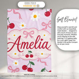Cute Cherry and Daisy Flowers with Pink Ribbon Bows Soft Lilac  Personalised Custom Name Super Soft Fleece Blanket Bed Sofa Throw