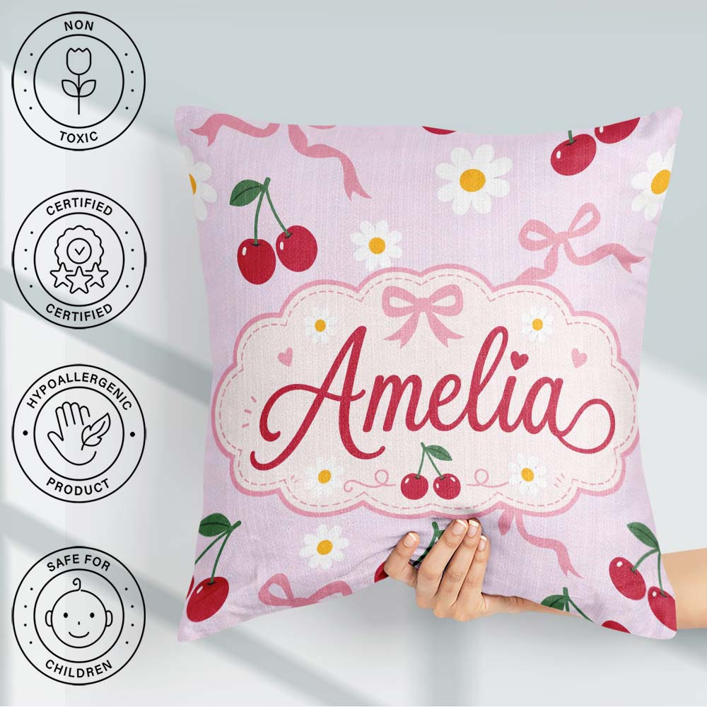 Custom Name Cherry and Daisy Flowers with Pink Ribbon Bows Lilac Square Filled Cushion Throw Pillow Sofa Bed Home Decor Zip Washable UK Made