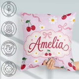 Custom Name Cherry and Daisy Flowers with Pink Ribbon Bows Lilac Square Filled Cushion Throw Pillow Sofa Bed Home Decor Zip Washable UK Made
