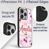 Cute Cherry and Daisy Flowers with Pink Ribbon Custom Name Protective Phone Case Mobile Cover Durable Everyday Smartphone Shock Resistant