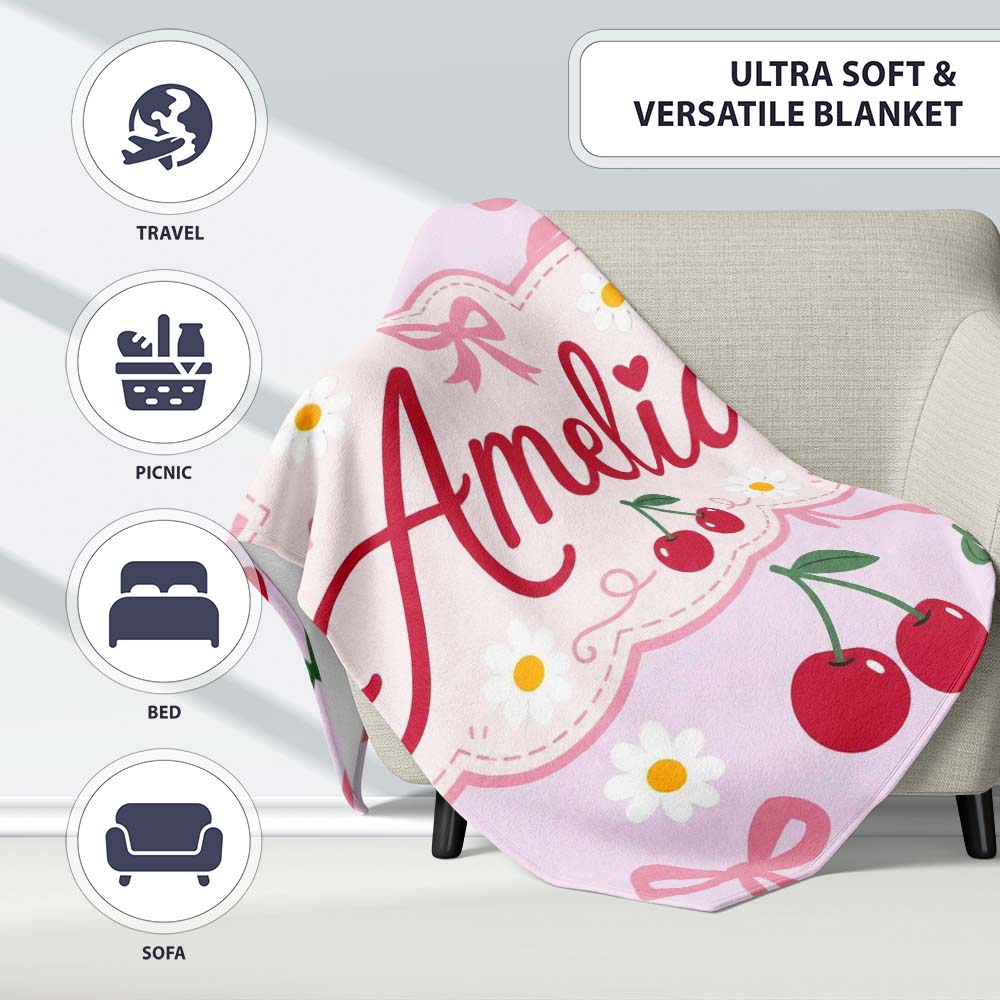 Cute Cherry and Daisy Flowers with Pink Ribbon Bows Soft Lilac  Personalised Custom Name Super Soft Fleece Blanket Bed Sofa Throw