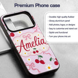 Cute Cherry and Daisy Flowers with Pink Ribbon Custom Name Protective Phone Case Mobile Cover Durable Everyday Smartphone Shock Resistant