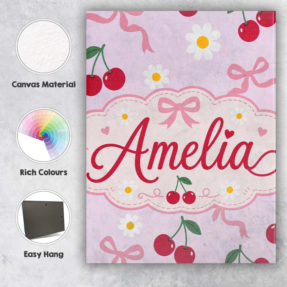 Personalised Name Cute Cherry and Daisy Custom  Modern Room Accent Elegant Feature Canvas Wall Art Print Decor Picture Ready to Hang