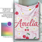 Cute Cherry and Daisy Flowers with Pink Ribbon Bows Soft Lilac  Personalised Custom Name Super Soft Fleece Blanket Bed Sofa Throw