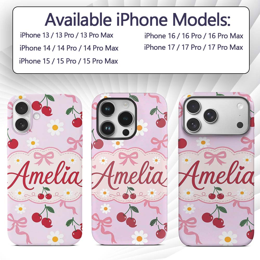 Cute Cherry and Daisy Flowers with Pink Ribbon Custom Name Protective Phone Case Mobile Cover Durable Everyday Smartphone Shock Resistant