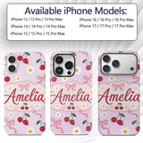 Cute Cherry and Daisy Flowers with Pink Ribbon Custom Name Protective Phone Case Mobile Cover Durable Everyday Smartphone Shock Resistant