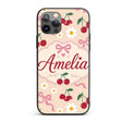 Cute Cherry and Daisy Flowers with Pink Ribbon Custom Name Protective Phone Case Mobile Cover Durable Everyday Smartphone Shock Resistant