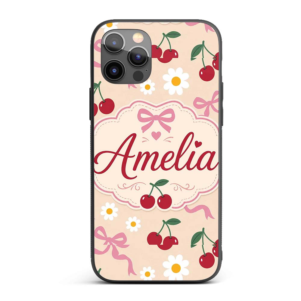 Cute Cherry and Daisy Flowers with Pink Ribbon Custom Name Protective Phone Case Mobile Cover Durable Everyday Smartphone Shock Resistant