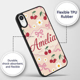 Cute Cherry and Daisy Flowers with Pink Ribbon Custom Name Protective Phone Case Mobile Cover Durable Everyday Smartphone Shock Resistant