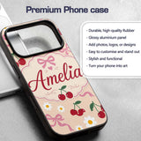 Cute Cherry and Daisy Flowers with Pink Ribbon Custom Name Protective Phone Case Mobile Cover Durable Everyday Smartphone Shock Resistant