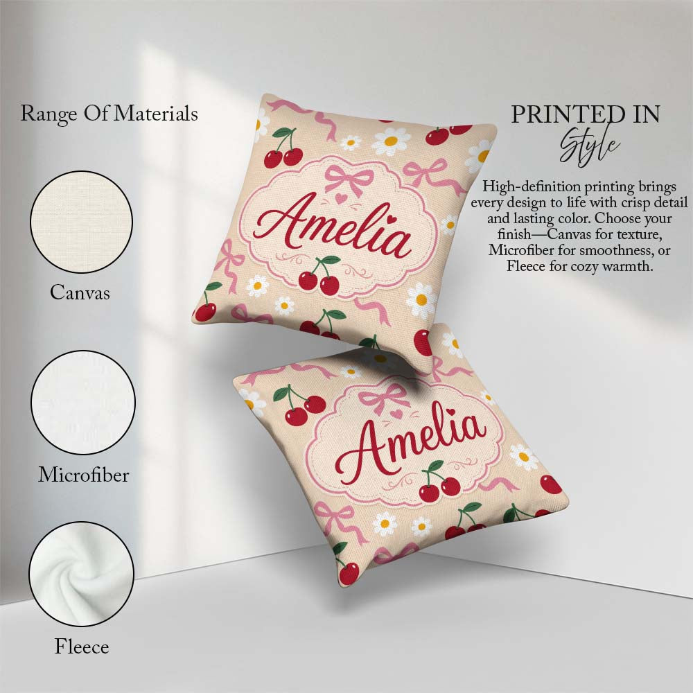 Custom Name Cherry and Daisy Flowers with Pink Ribbon Bows Beige Square Filled Cushion Throw Pillow Sofa Bed Home Decor Zip Washable UK Made
