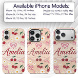 Cute Cherry and Daisy Flowers with Pink Ribbon Custom Name Protective Phone Case Mobile Cover Durable Everyday Smartphone Shock Resistant