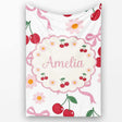 Cute Cherry and Daisy Flowers with Pink Ribbon Bows Light Grey  Personalised Custom Name Super Soft Fleece Blanket Bed Sofa Throw