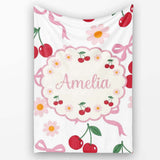 Cute Cherry and Daisy Flowers with Pink Ribbon Bows Light Grey  Personalised Custom Name Super Soft Fleece Blanket Bed Sofa Throw