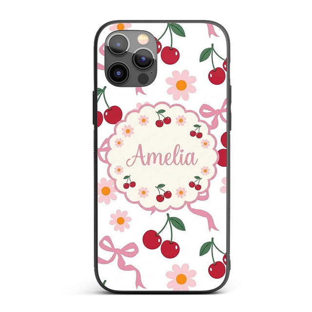 Cute Cherry and Daisy Flowers with Pink Ribbon Custom Name Protective Phone Case Mobile Cover Durable Everyday Smartphone Shock Resistant