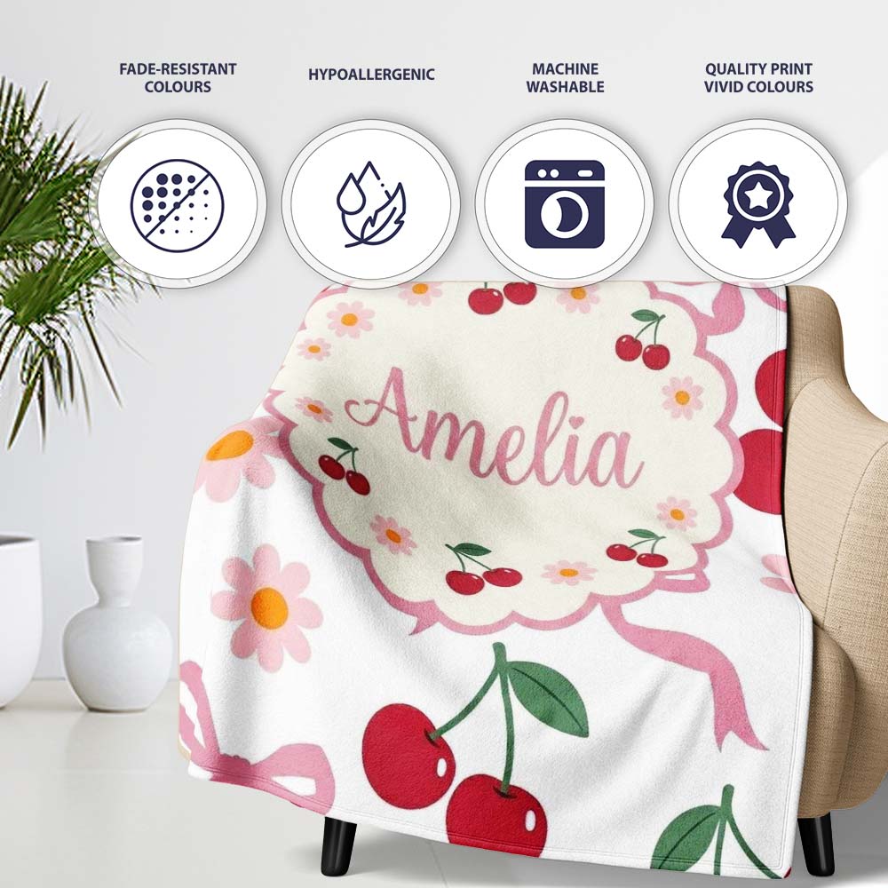 Cute Cherry and Daisy Flowers with Pink Ribbon Bows Light Grey  Personalised Custom Name Super Soft Fleece Blanket Bed Sofa Throw