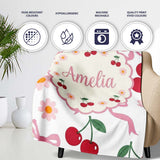 Cute Cherry and Daisy Flowers with Pink Ribbon Bows Light Grey  Personalised Custom Name Super Soft Fleece Blanket Bed Sofa Throw