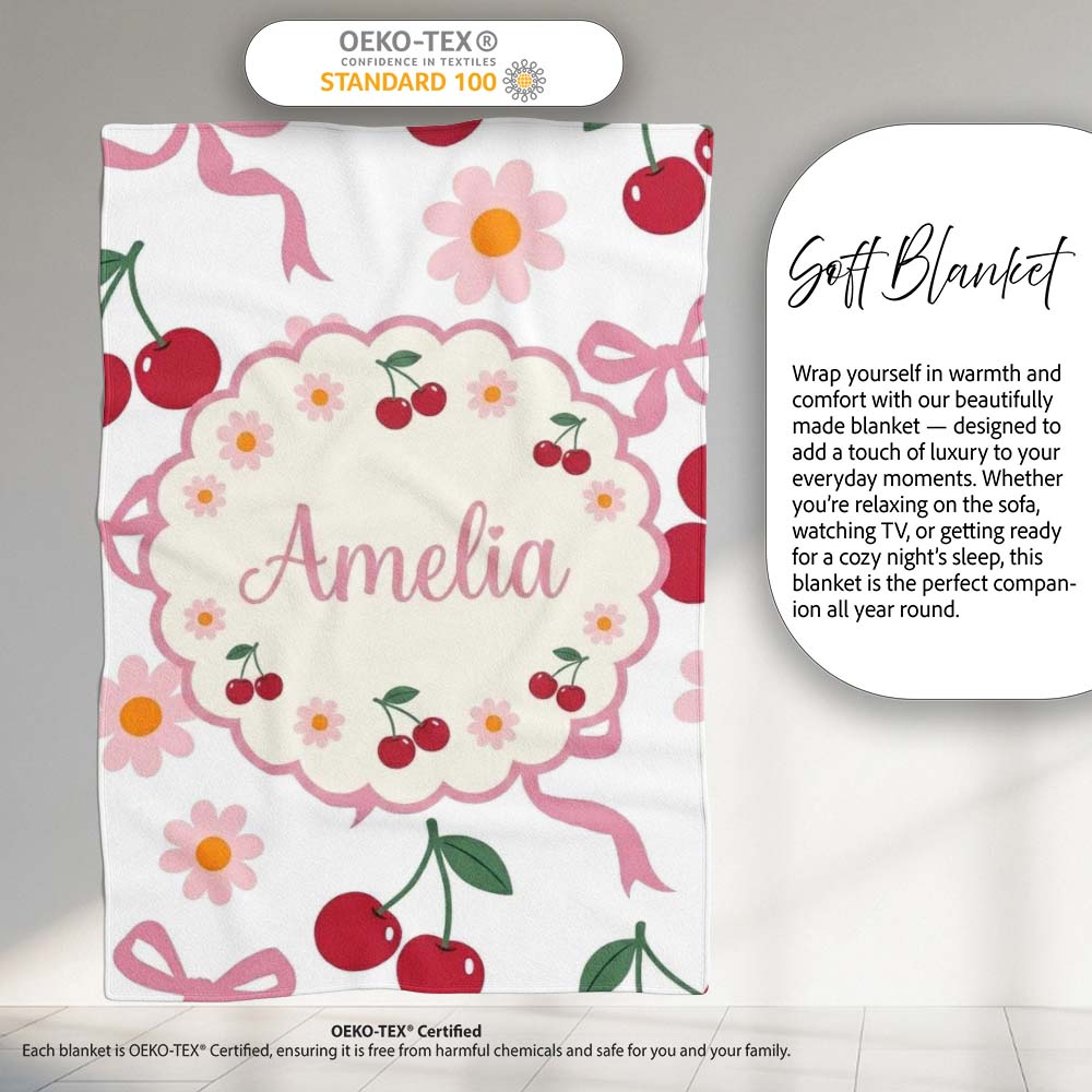 Cute Cherry and Daisy Flowers with Pink Ribbon Bows Light Grey  Personalised Custom Name Super Soft Fleece Blanket Bed Sofa Throw