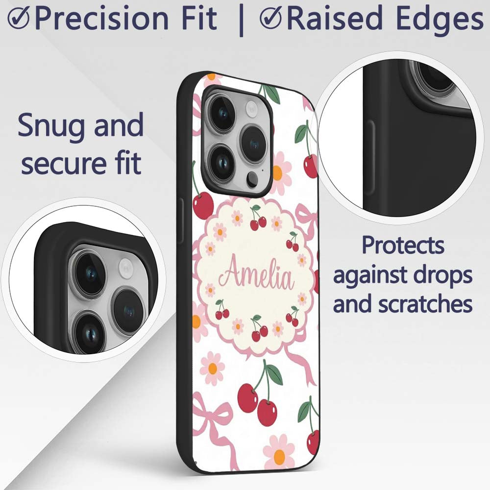 Cute Cherry and Daisy Flowers with Pink Ribbon Custom Name Protective Phone Case Mobile Cover Durable Everyday Smartphone Shock Resistant