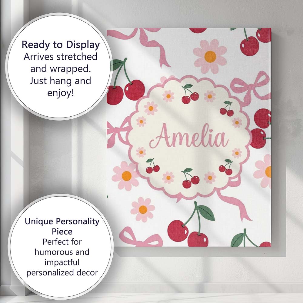 Personalised Name Cute Cherry and Daisy Custom  Modern Room Accent Elegant Feature Canvas Wall Art Print Decor Picture Ready to Hang