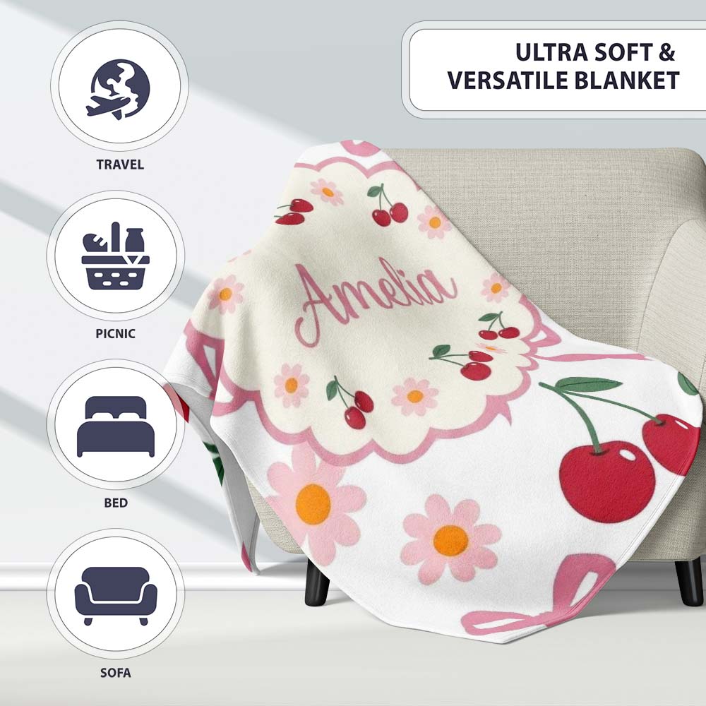 Cute Cherry and Daisy Flowers with Pink Ribbon Bows Light Grey  Personalised Custom Name Super Soft Fleece Blanket Bed Sofa Throw