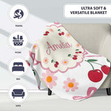 Cute Cherry and Daisy Flowers with Pink Ribbon Bows Light Grey  Personalised Custom Name Super Soft Fleece Blanket Bed Sofa Throw