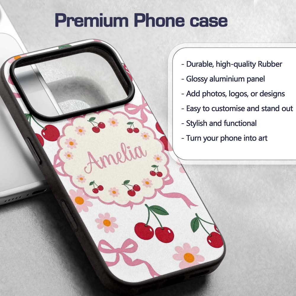 Cute Cherry and Daisy Flowers with Pink Ribbon Custom Name Protective Phone Case Mobile Cover Durable Everyday Smartphone Shock Resistant