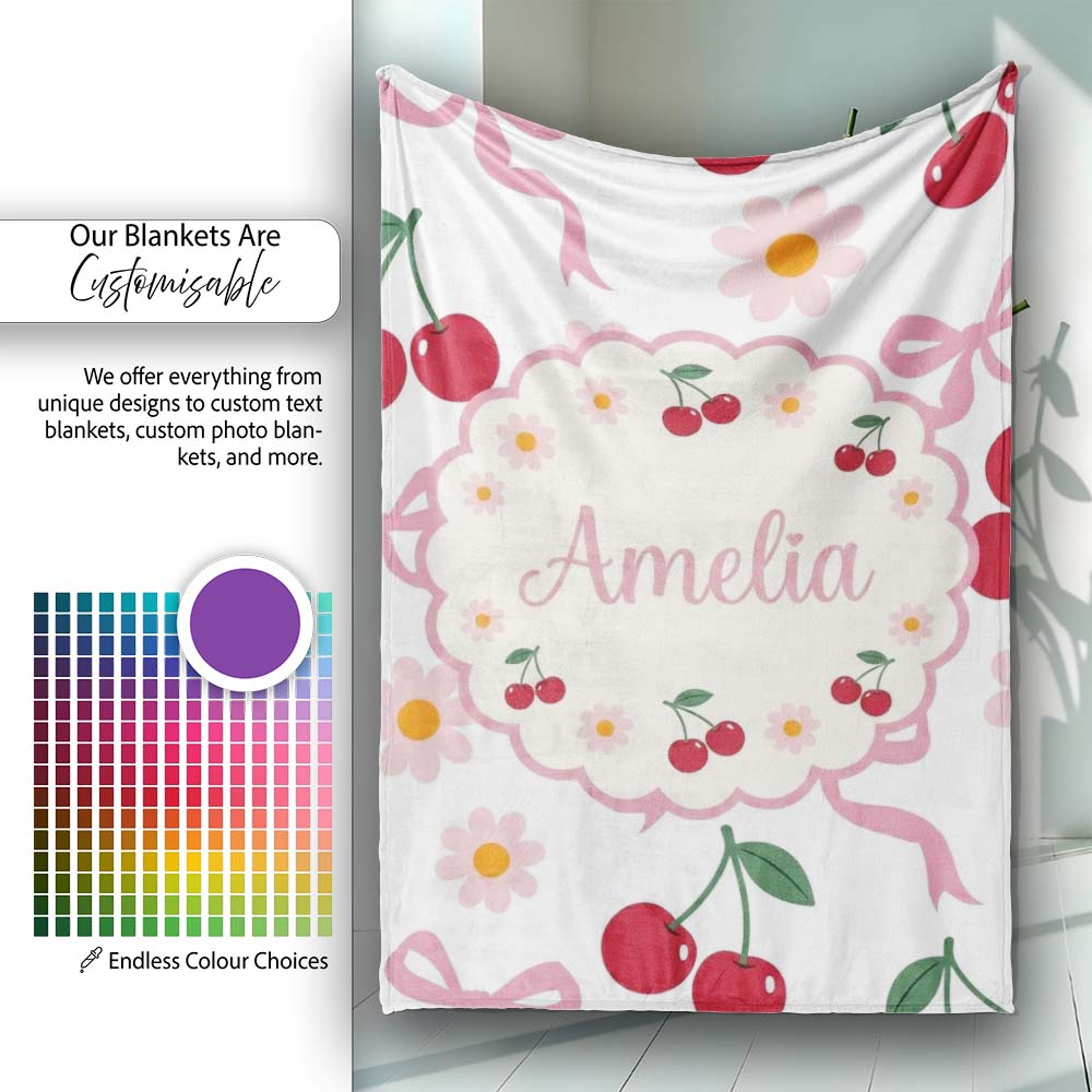 Cute Cherry and Daisy Flowers with Pink Ribbon Bows Light Grey  Personalised Custom Name Super Soft Fleece Blanket Bed Sofa Throw