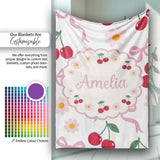 Cute Cherry and Daisy Flowers with Pink Ribbon Bows Light Grey  Personalised Custom Name Super Soft Fleece Blanket Bed Sofa Throw